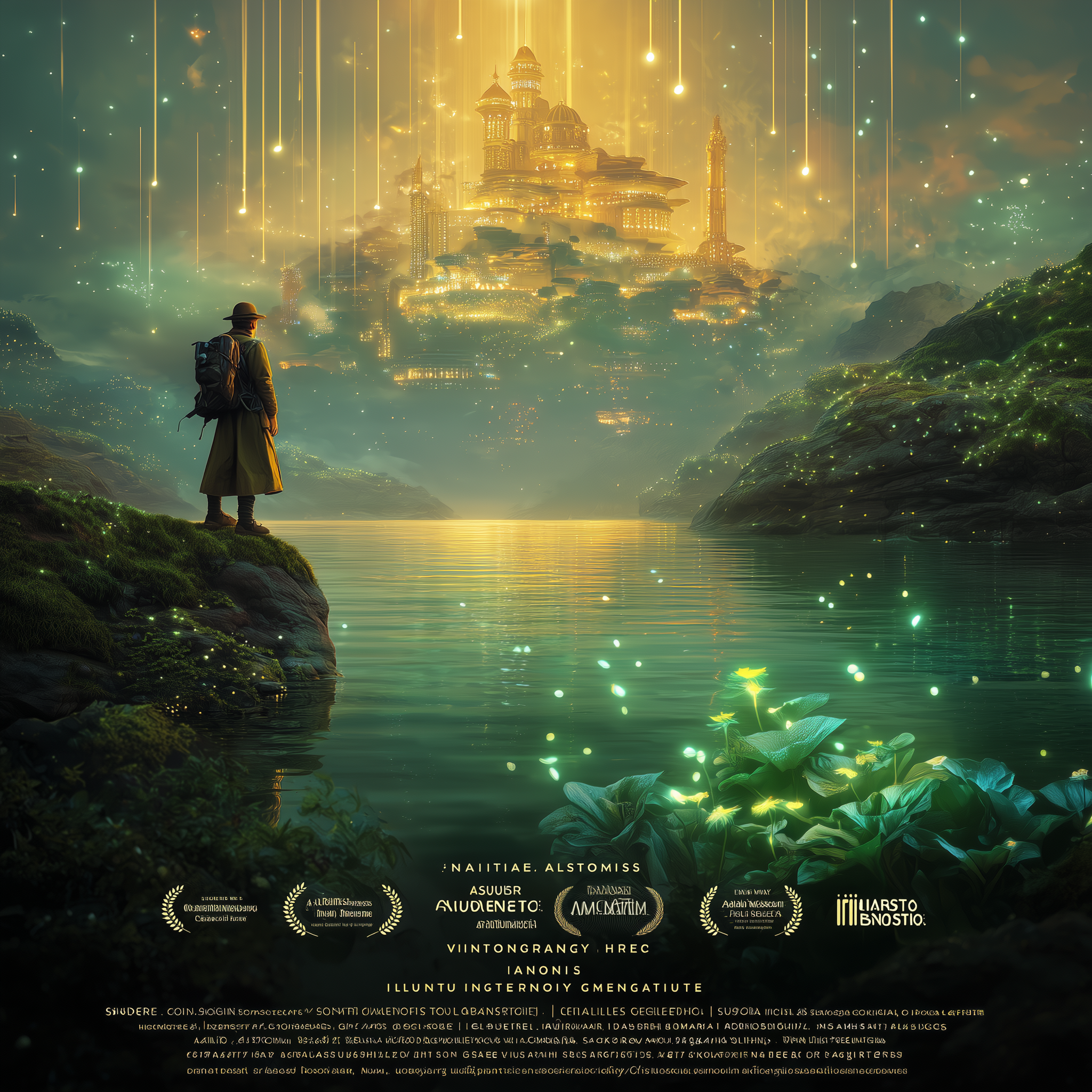 “Cinematic Gaian landscape with a radiant floating city and a philosopher-alchemist gazing at dawn light — symbolizing longevity, consciousness, and harmony within the Illumanesimo philosophy.”
