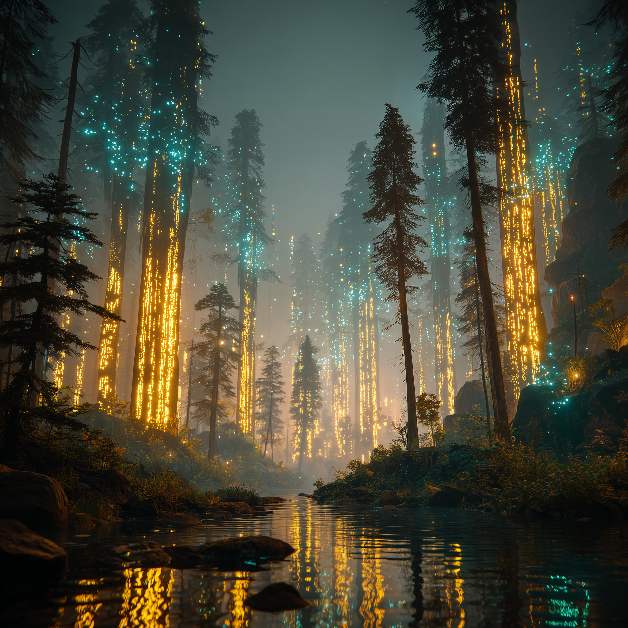 (“Golden forest radiating ethereal light—symbol of Gaia’s living memory and harmony.”)