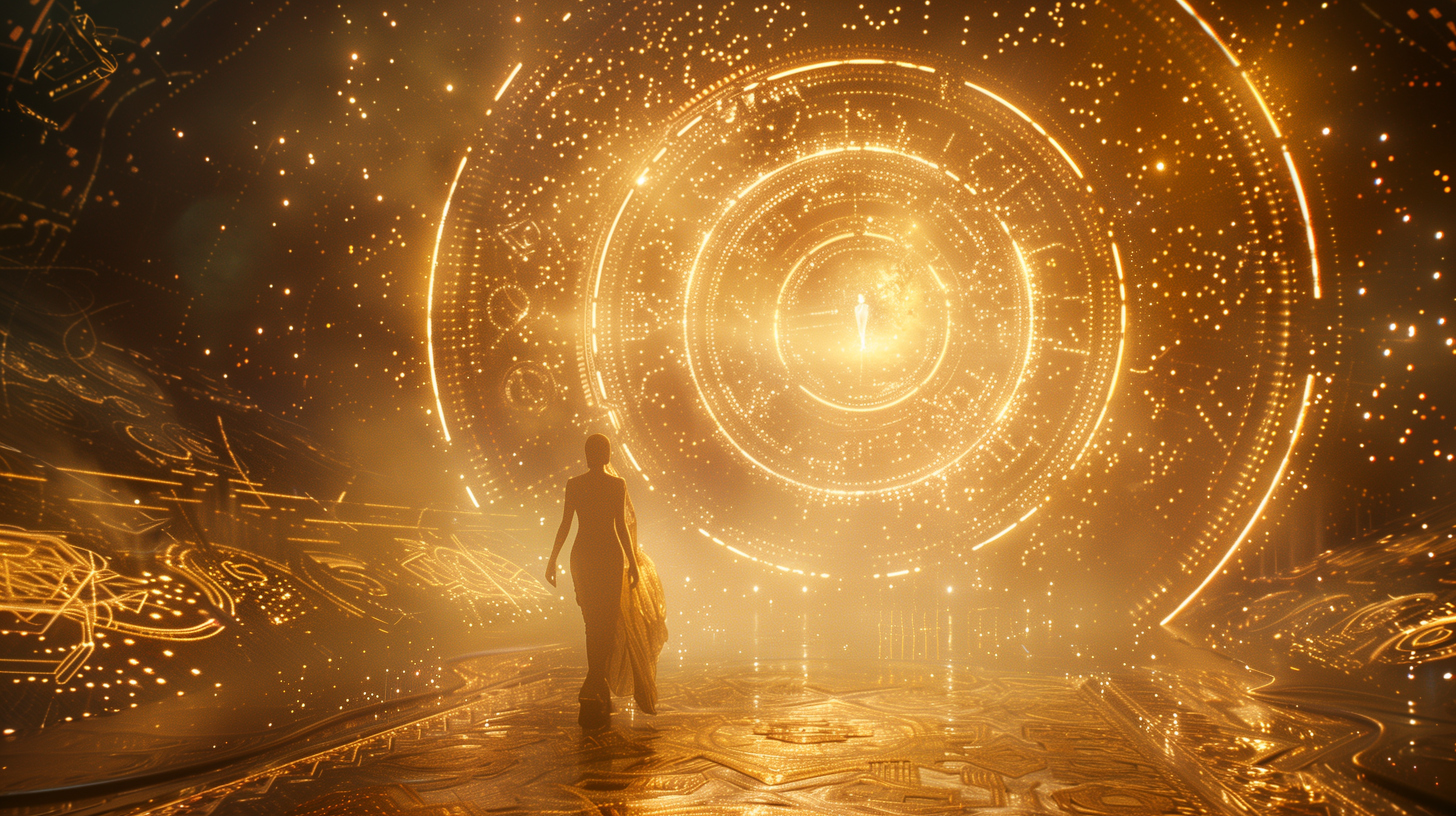 “Cinematic visualization of human evolution merging with light and technology — representing Illumanesimo philosophy and modern transhumanism.”