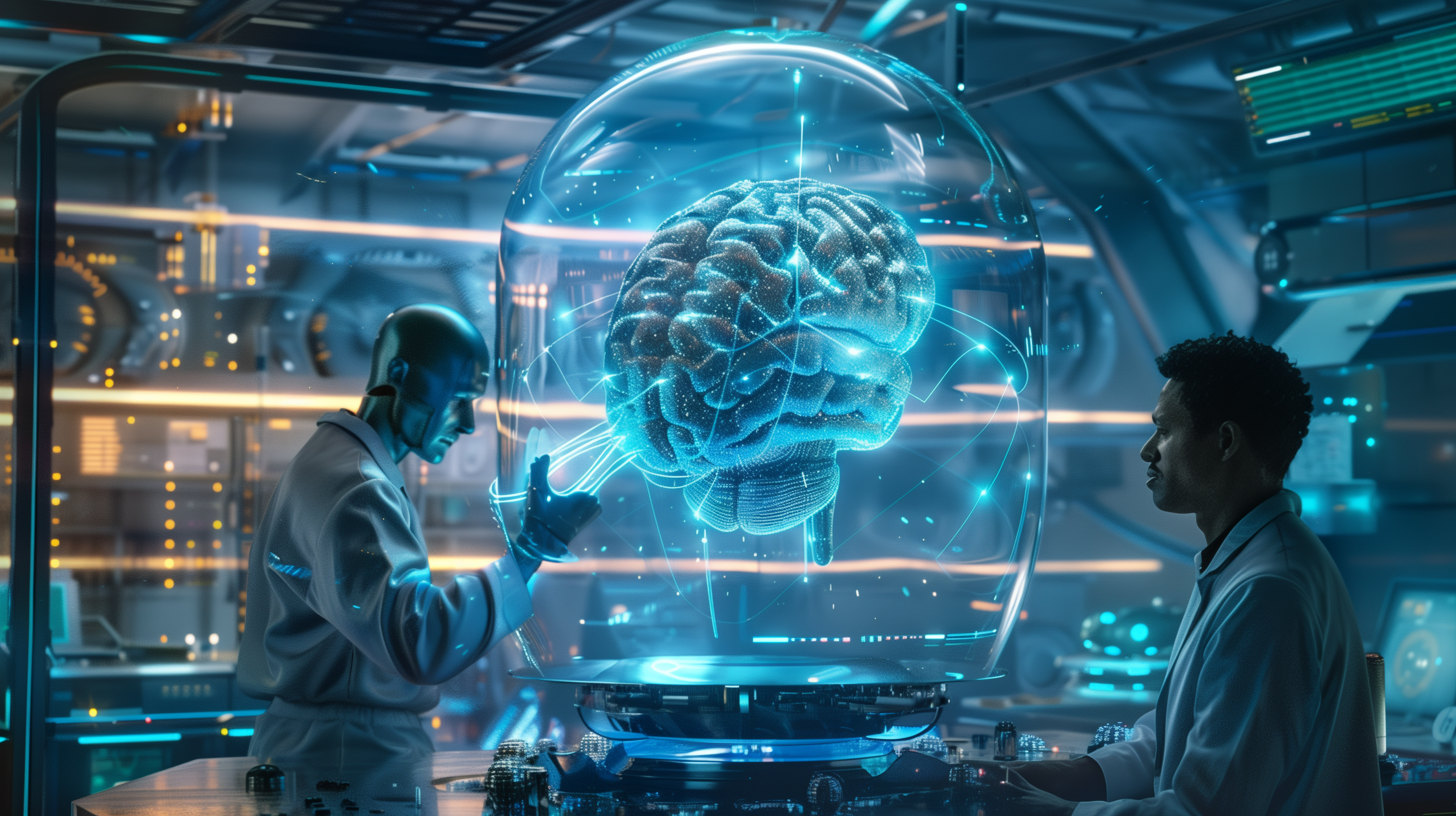 “Transhuman researcher and AI robot studying a glowing brain in a futuristic Aetherion lab, illuminated by blue and gold light.”