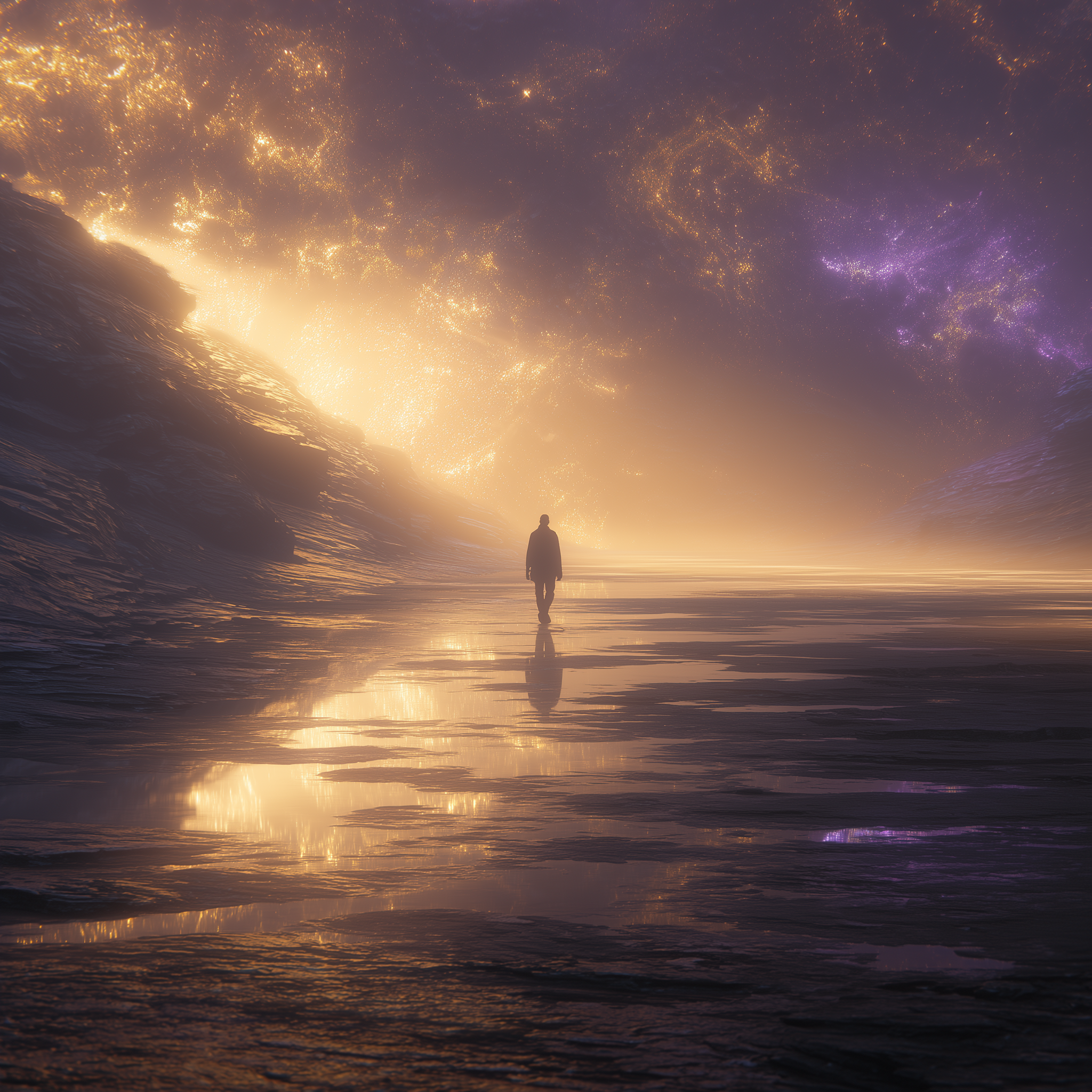 “Transhuman figure walking through golden and violet light in a futuristic mythic landscape representing the alchemy of motion and stillness.”