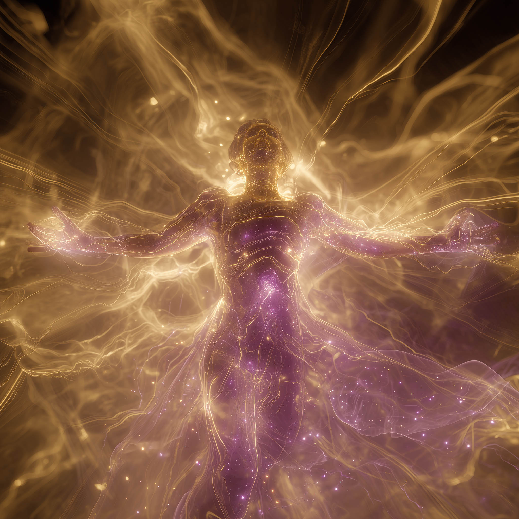 Golden and violet cinematic light surrounding a human figure, visualizing subtle energy fields and consciousness illumination in a sci-fi mythic style.